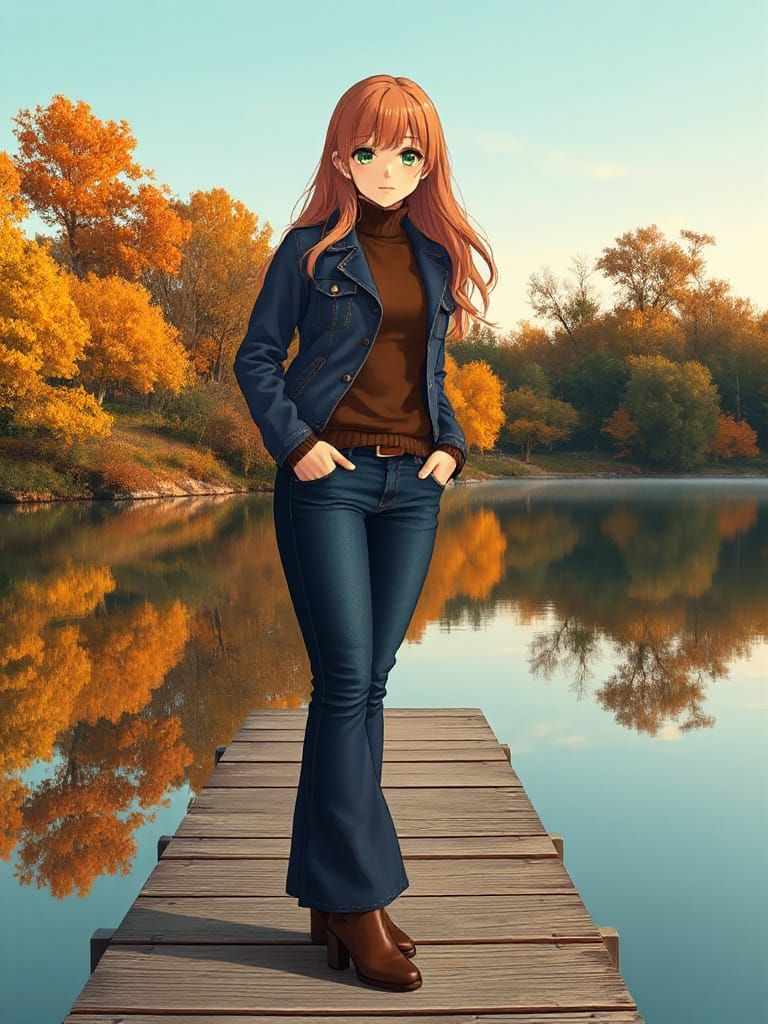 Anime Woman on Autumn Lake Dock, Vibrant Foliage