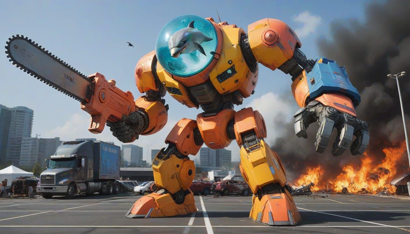 Dolphin-Headed Mech Wreaks Havoc in Parking Lot