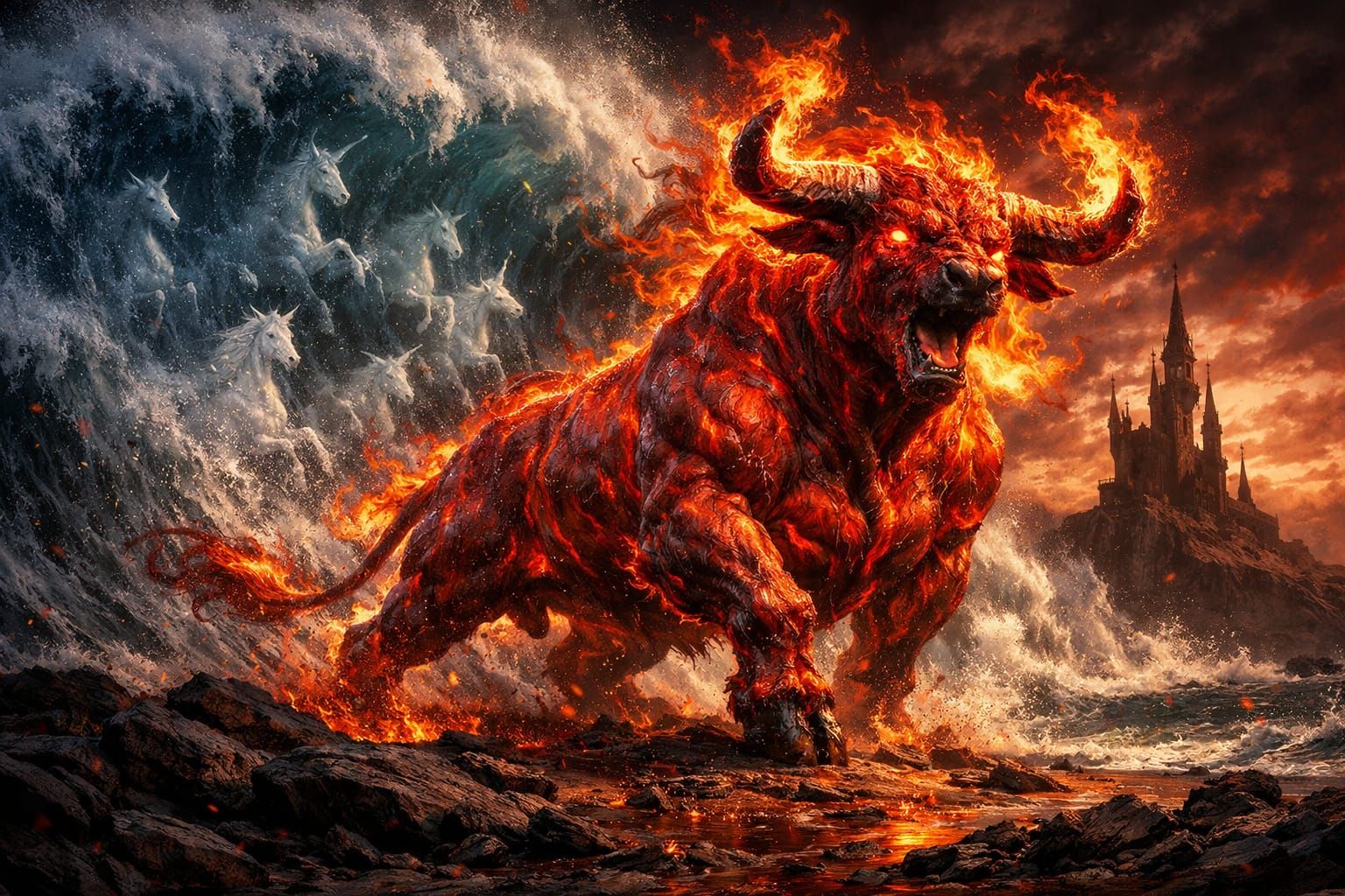 Fiery Red Bull Battles Shadow Unicorn Wave