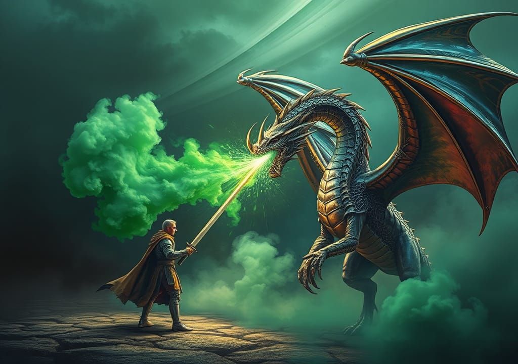 Chromatic Dragon Attacks Knight with Poison Breath