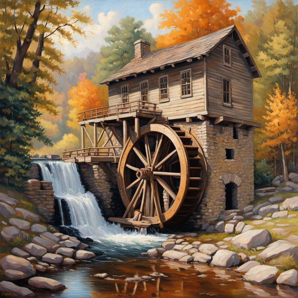 Antique Waterwheel in an Oil Painting Style