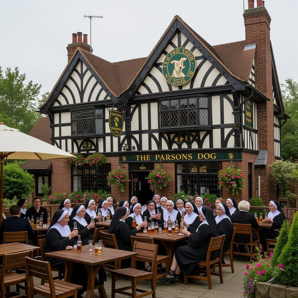 Tudor Pub Scene with Nuns Enjoying Whiskey