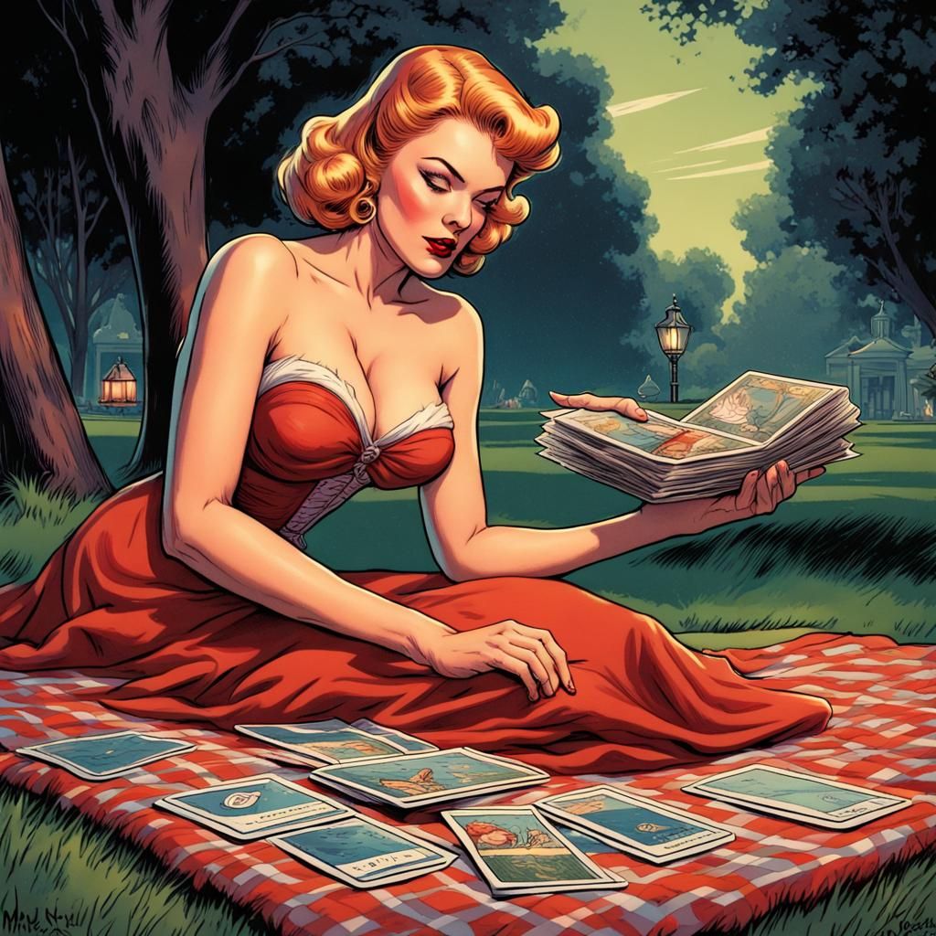 1950s Pinup Tarot Reader in Comic Book Style
