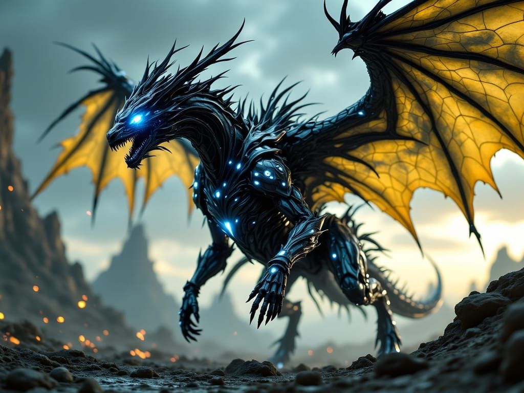 Cybernetic Dragon Roaring Over Ruined City