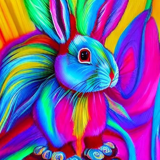 Rainbow Rabbit in Wardrobe: Surreal Impasto Portrait
