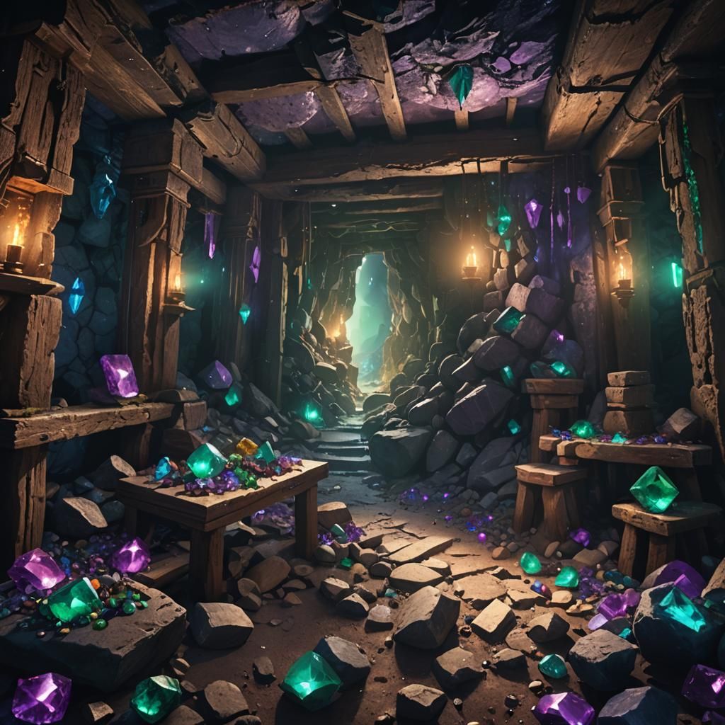 Gem-Filled Abandoned Mine in Dark Fantasy Style