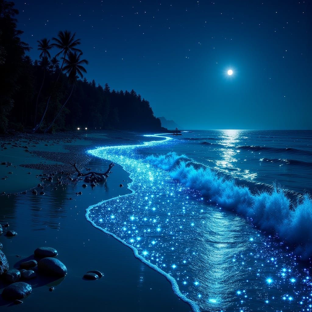 <lora:Exquisite Flux:1.0> A hyperdetailed nighttime coastal scene where bioluminescent waves crash gently along the shor...