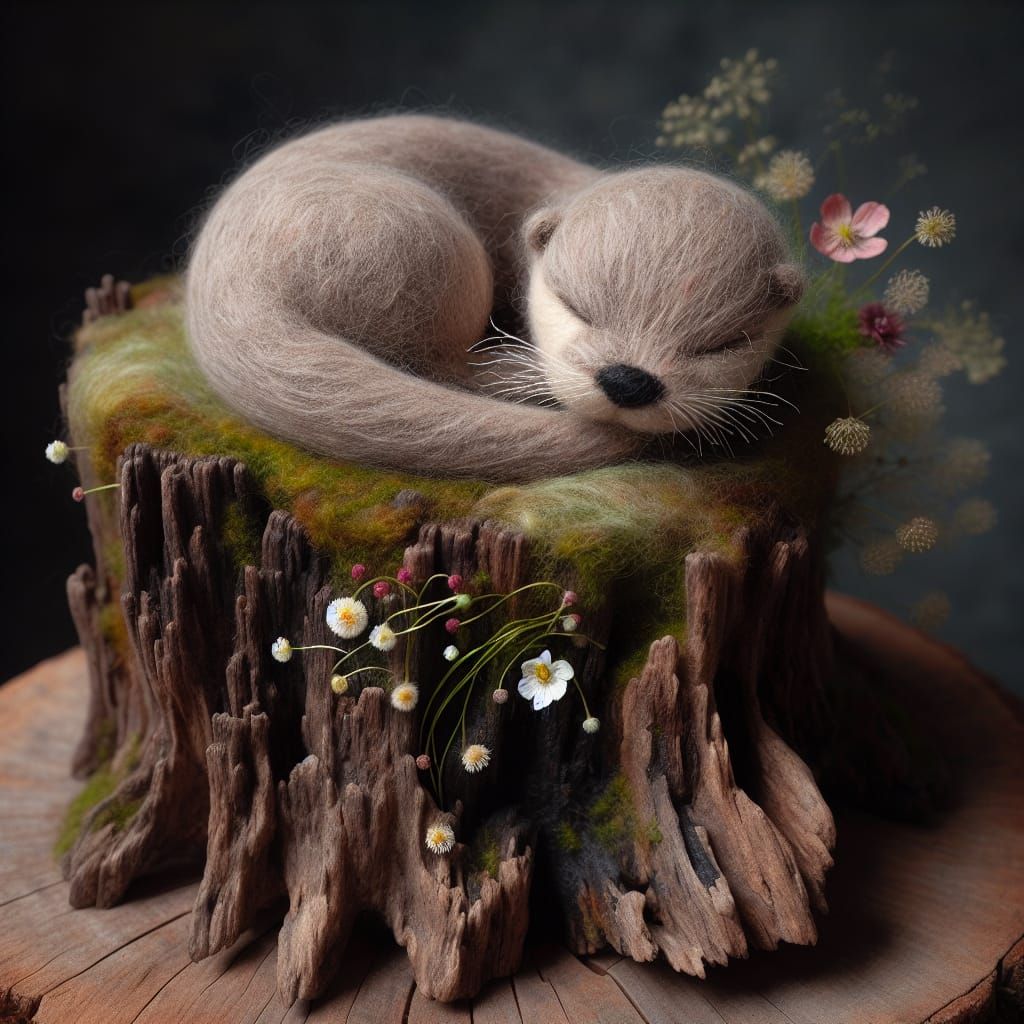 Felted Otter Asleep on Ancient Tree Stump