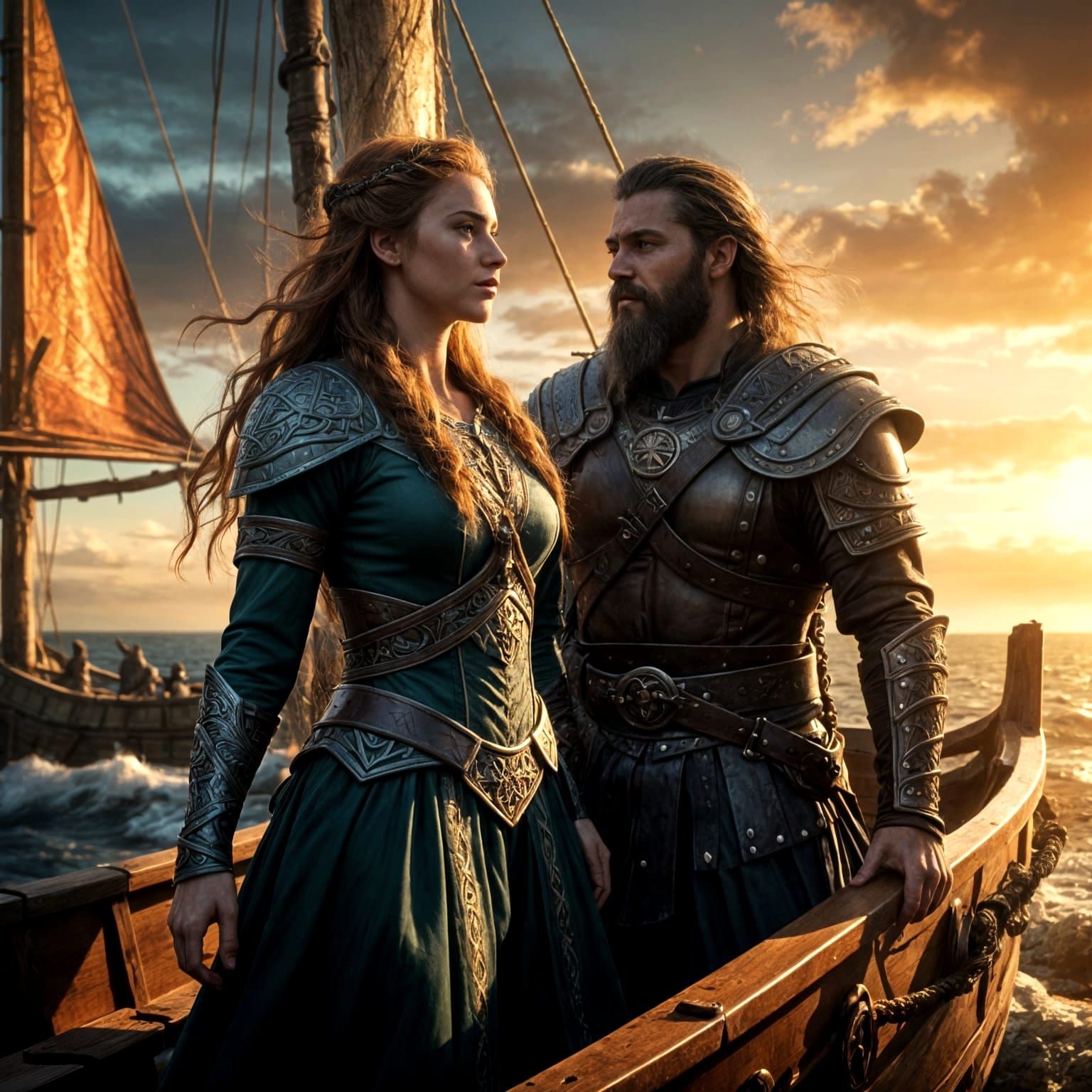 Epic Celtic Warriors in Longboat at Sea