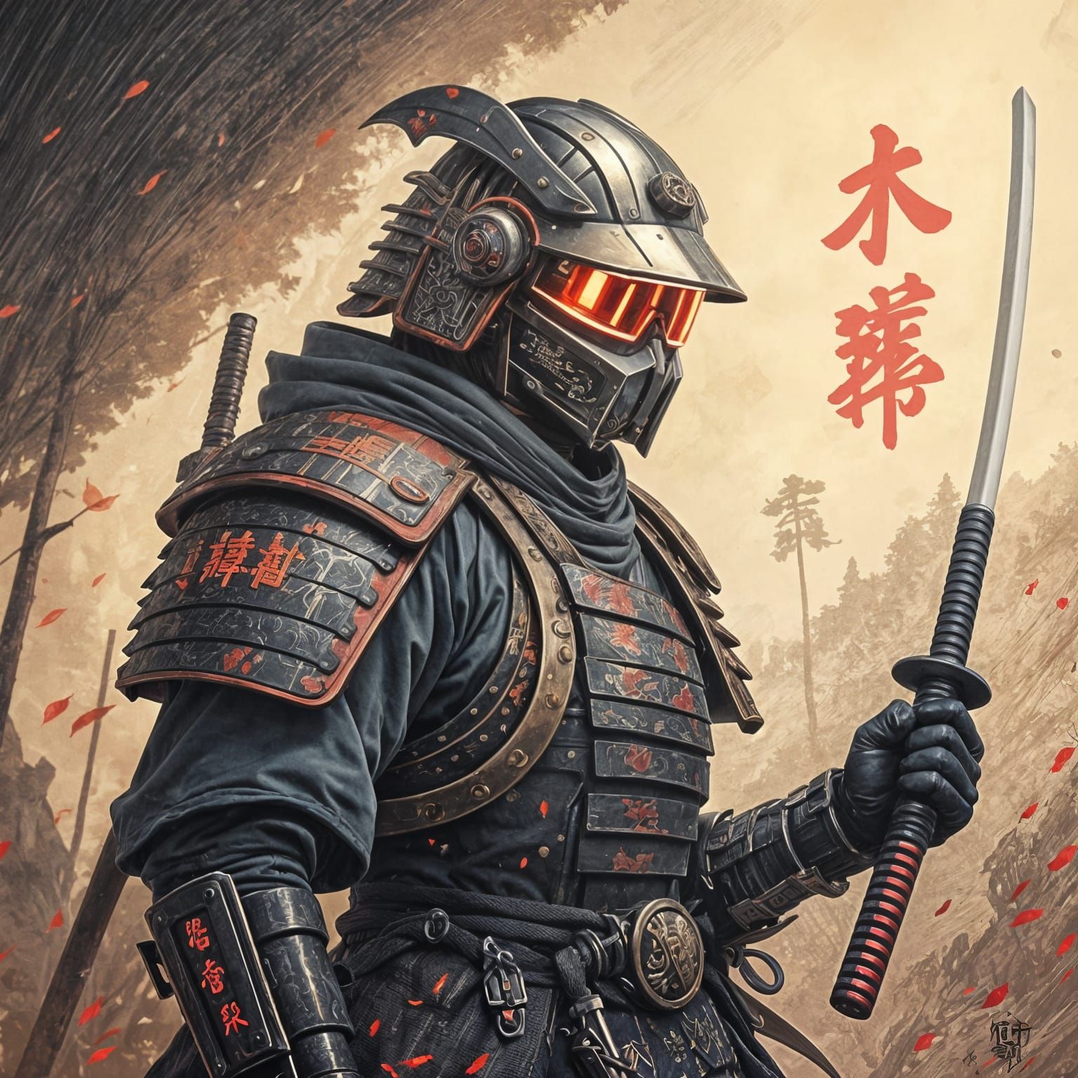 Cyberpunk Samurai Warrior Blends Tradition and Technology