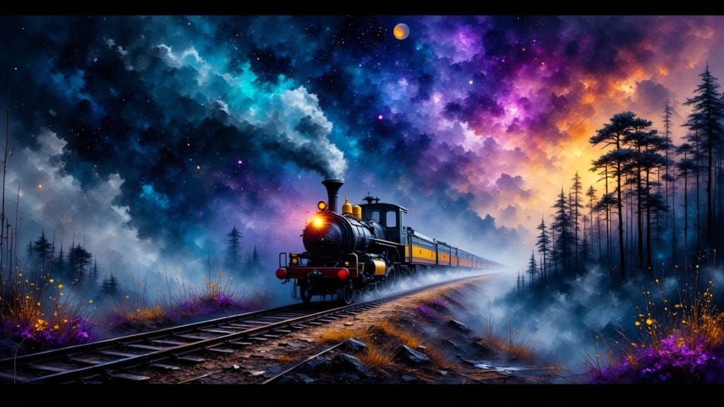 Mysterious Night Train Under Fantastical Sky