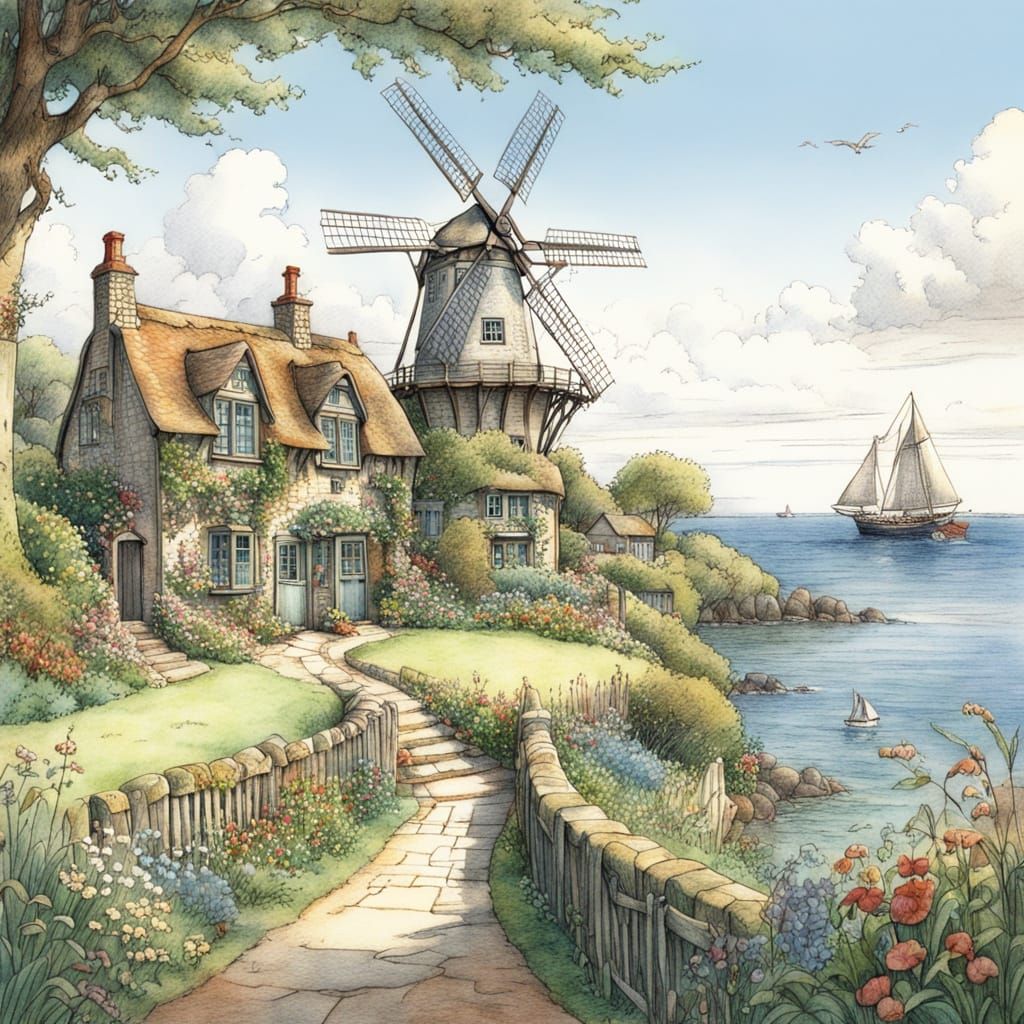 Windmill Cottage Seascape in Brambly Hedge Style
