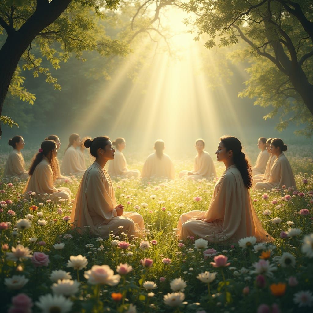 Spiritual Gathering in Vibrant Meadow with Celestial Glow