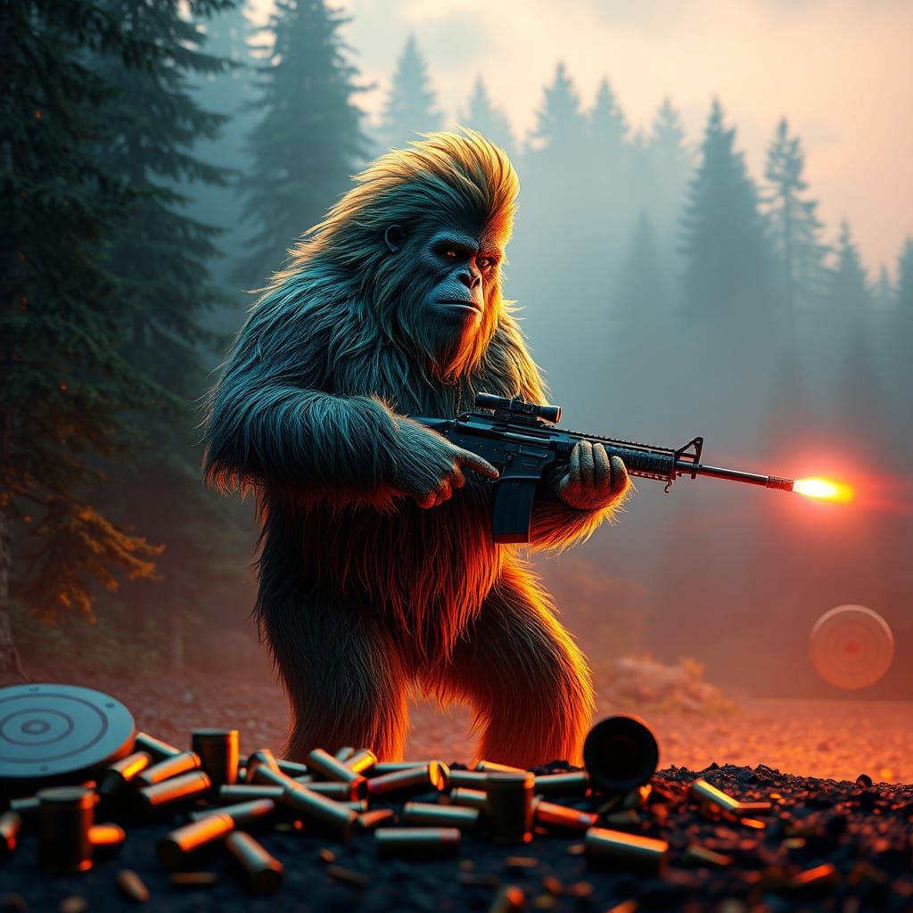 Confident Sasquatch at the Shooting Range in Vibrant, Neon C...