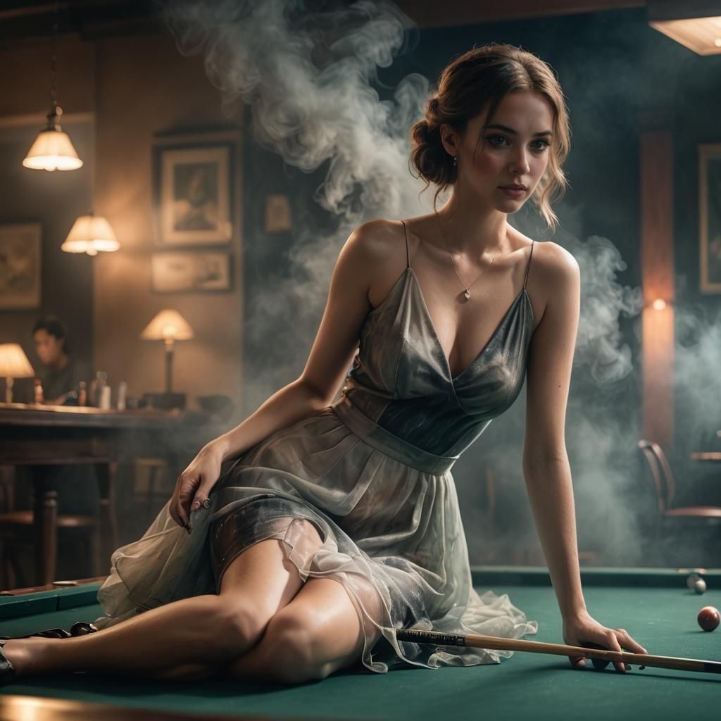 Hyperrealistic Woman with Pool Cue in Smoky Mist