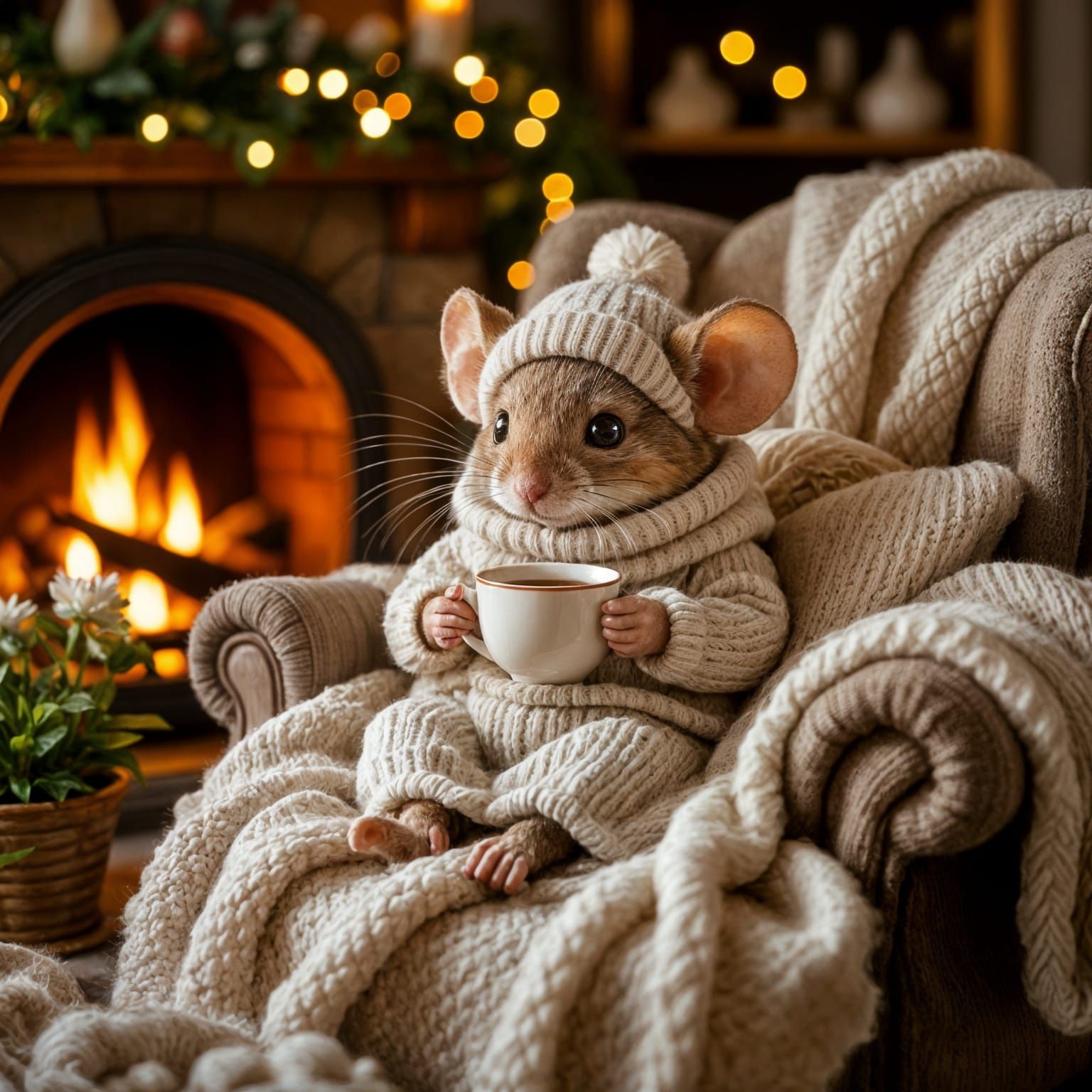 Elderly Mouse Knitting in Cosy Winter Home