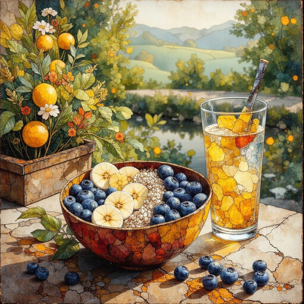 Colorful Açaí Bowl with Lemonade on Porch