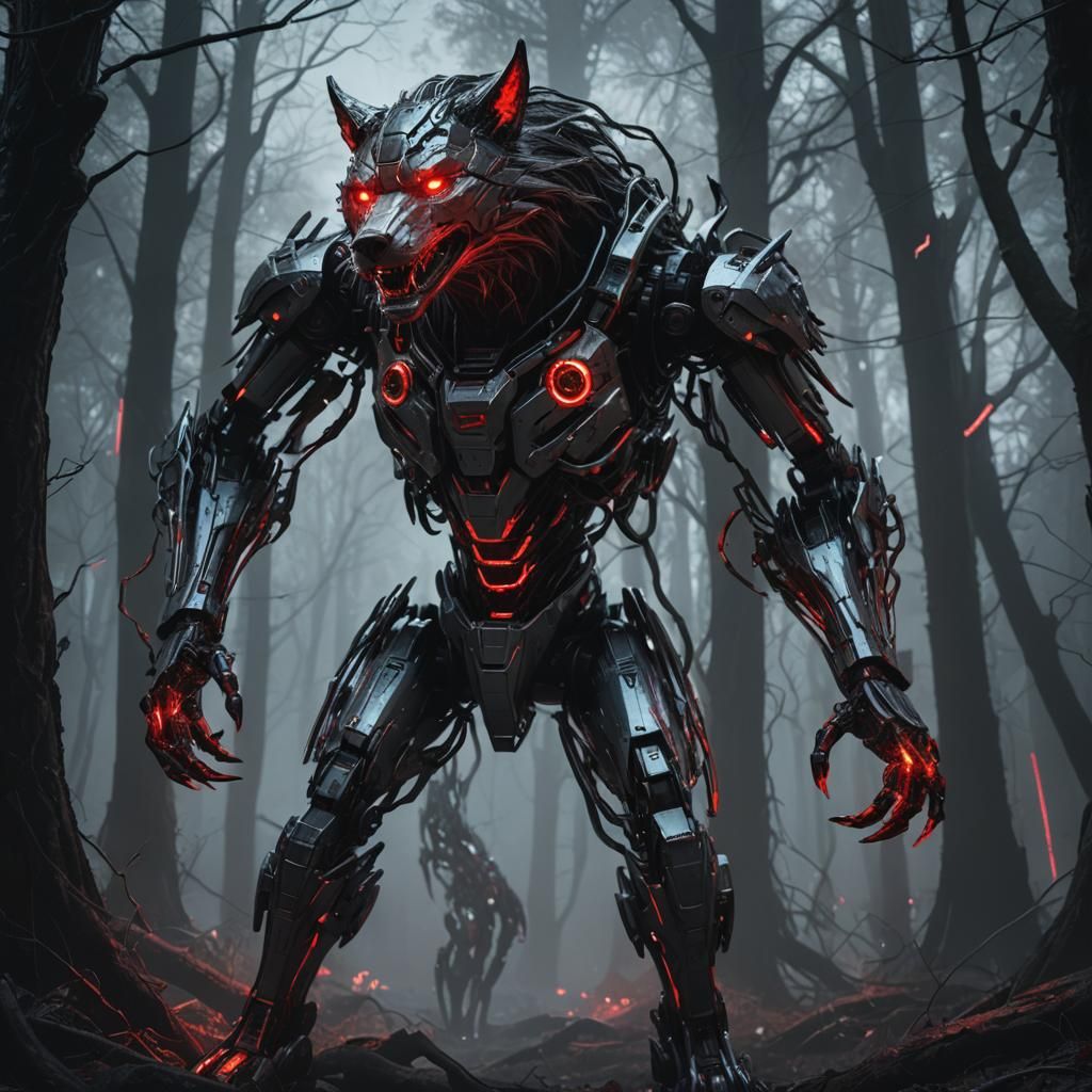 Robotic Werewolf in Cyberpunk Forest Concept Art