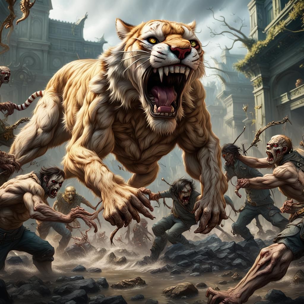 Sabertooth Tiger's Zombie Battle: Detailed Matte Painting