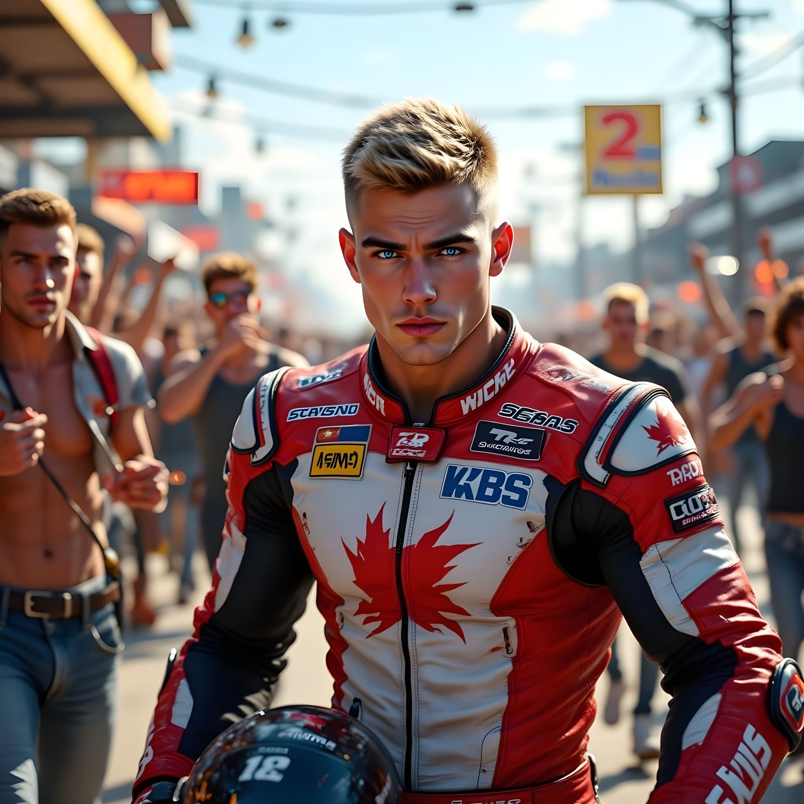 Motorcycle Racer Celebrates Victory with Supporters