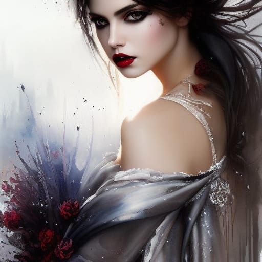 Gothic Snow Beauty with Red Lace, Watercolor Style