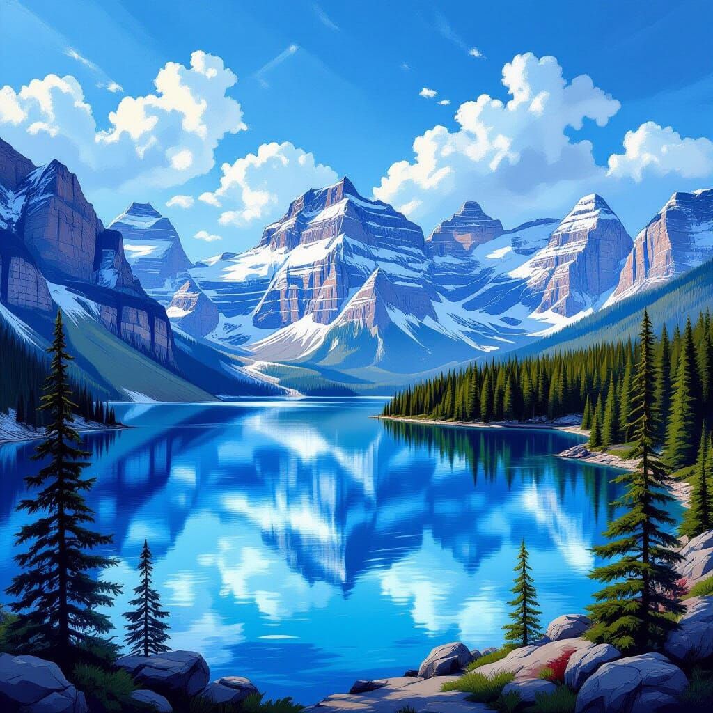 Moraine Lake Reflects Canadian Rockies: Photorealistic Oil P...