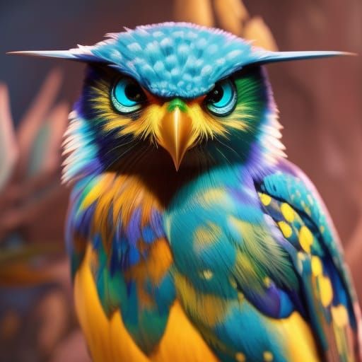 Blue and Yellow Owl in Gouache Watercolor Style