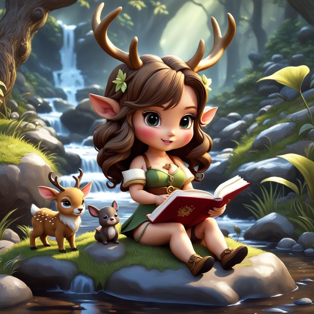 Chibi Satyr Reading to Animals: Cartoon Anime Style