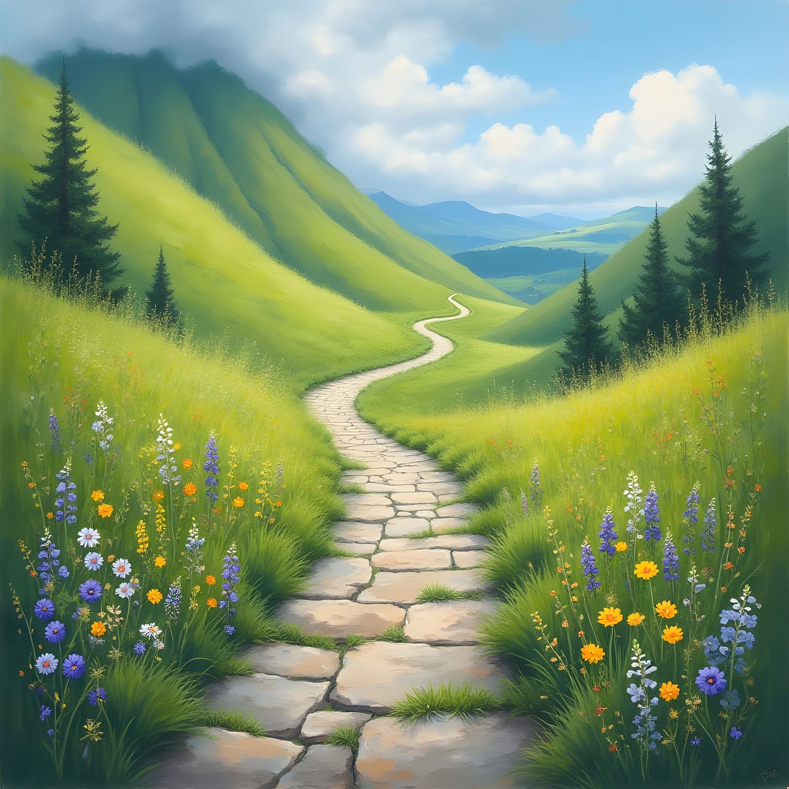 Serene Landscape Pathway Winding Up a Hillside