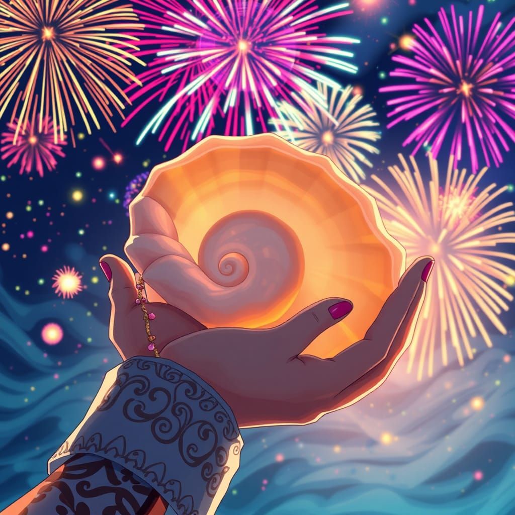 Hand Holding Seashell with Fireworks in Anime Style