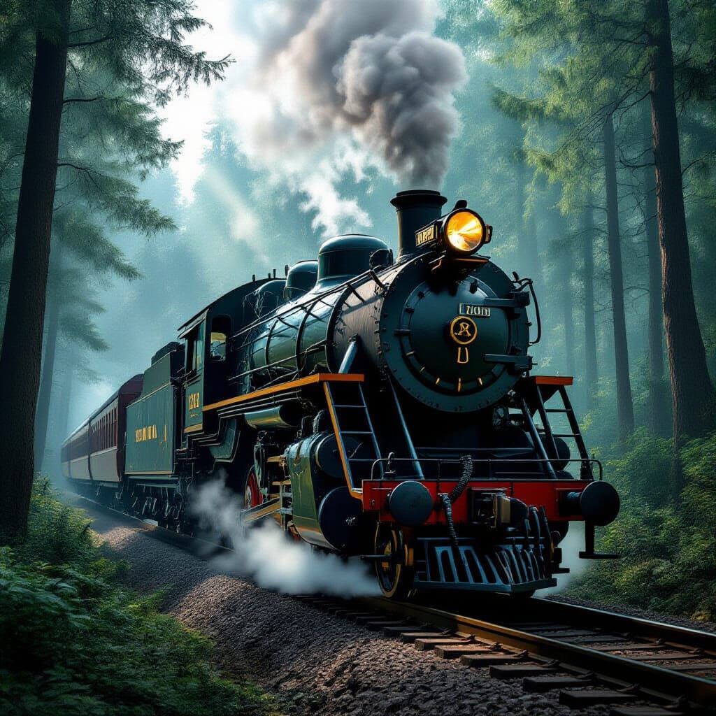 Majestic Art Deco Steam Train in Misty Forest