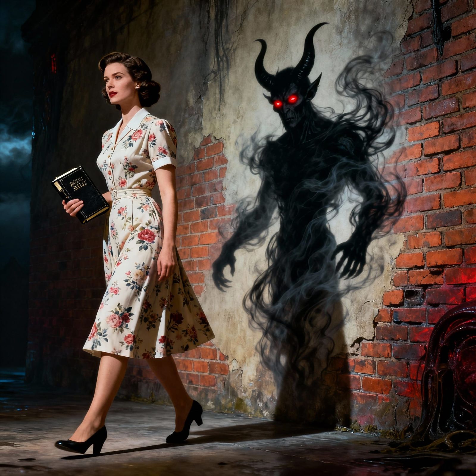 1950s Trad Wife and Demonic Shadow in Epic Cinematic Style