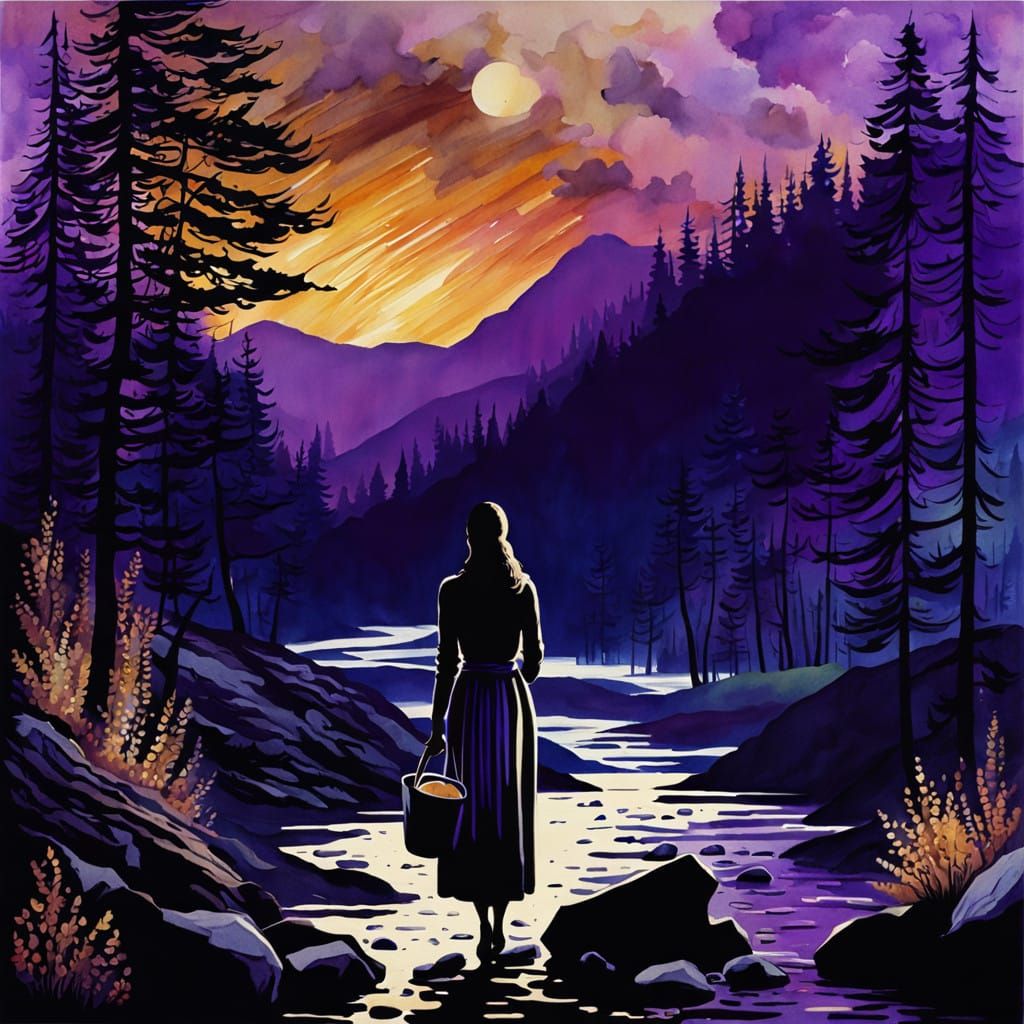 Vintage Watercolor Scene of a Laundress in a Haunting River....