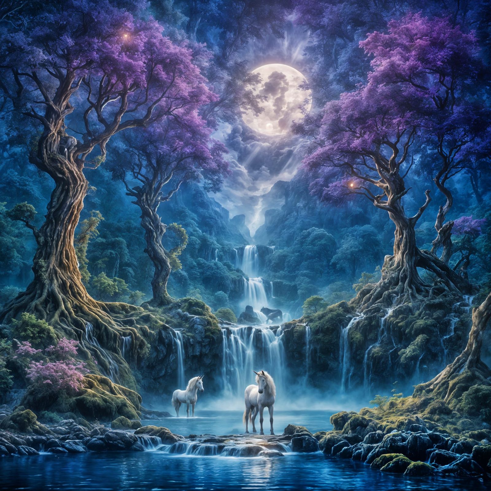 Symmetrical Moonlit Forest with Unicorn and Waterfall