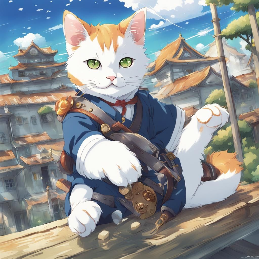 Angry Cat with Rice in Anime Style