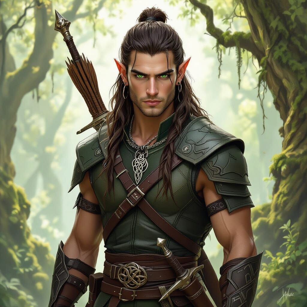 Wood Elf Fighter in Forest with Longsword and Bow