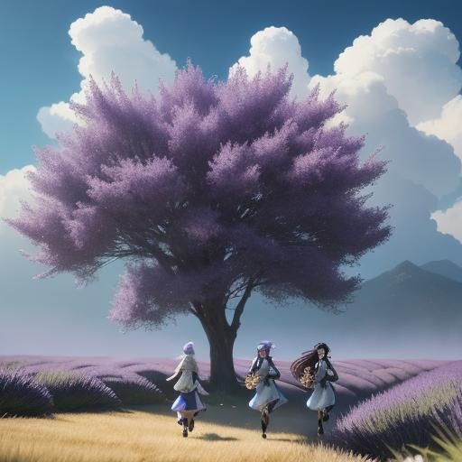 Vibrant Anime Girls Chase the Lavender-Filled Circus Train