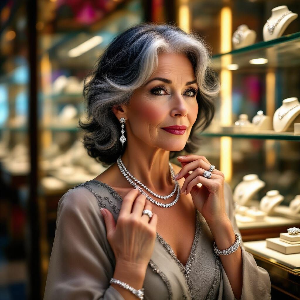 Elegant Woman Adorns Diamond Necklace: Hyperrealistic Style