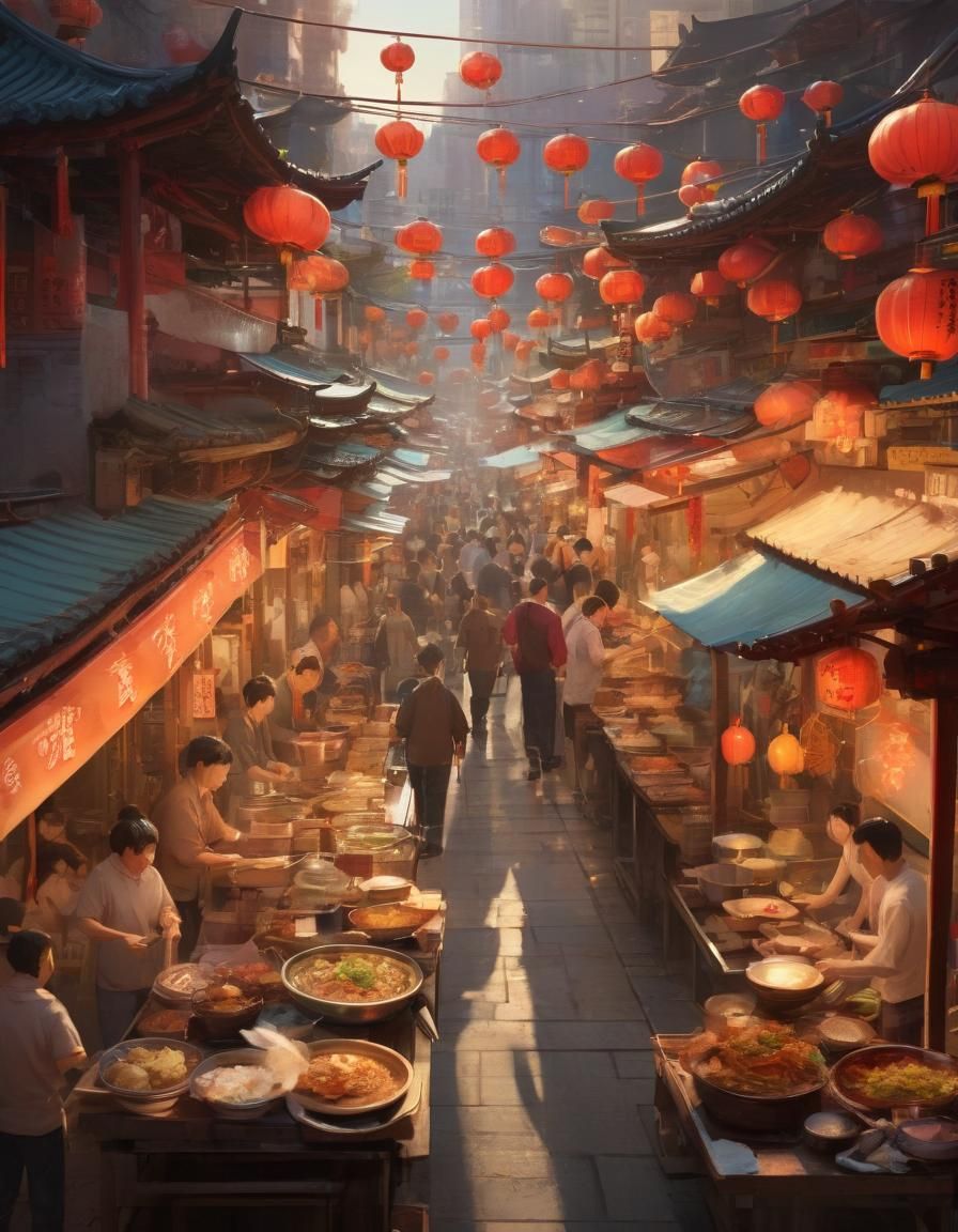 Bustling Chinese Street Food Market Concept Art