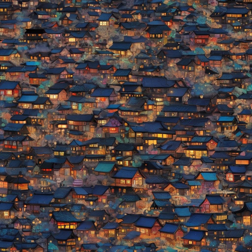 Nagoro Doll Village in Bioluminescent Pointillist Style