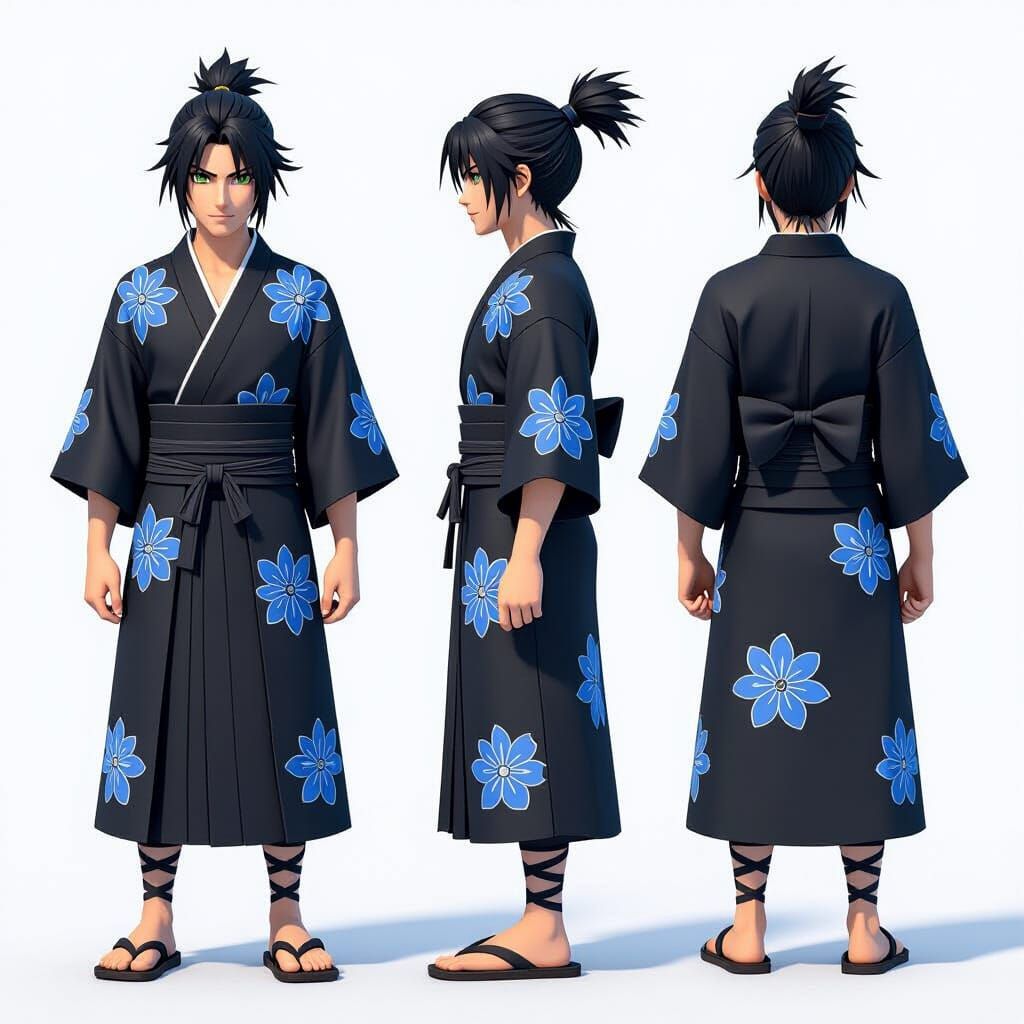 Ninja Man Character Reference Sheet in 3D Style