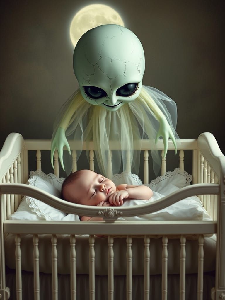 Ethereal Specter Menaces Sleeping Infant in Moonlit Nursery