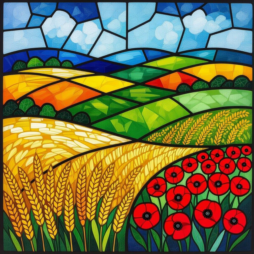 Vibrant Farmland Tapestry in Stained Glass Style