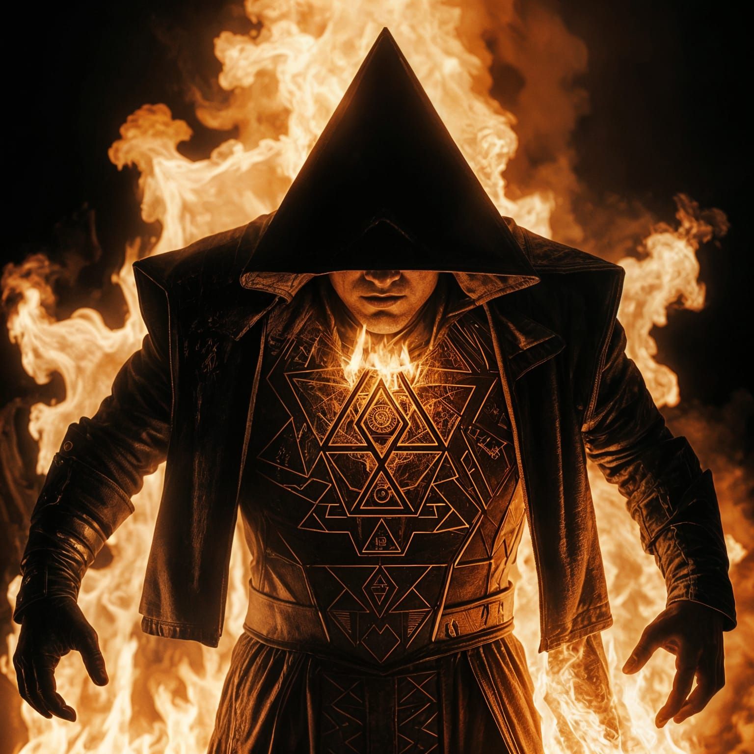 Figure Embedded in Fiery Wall: Cinematic Still