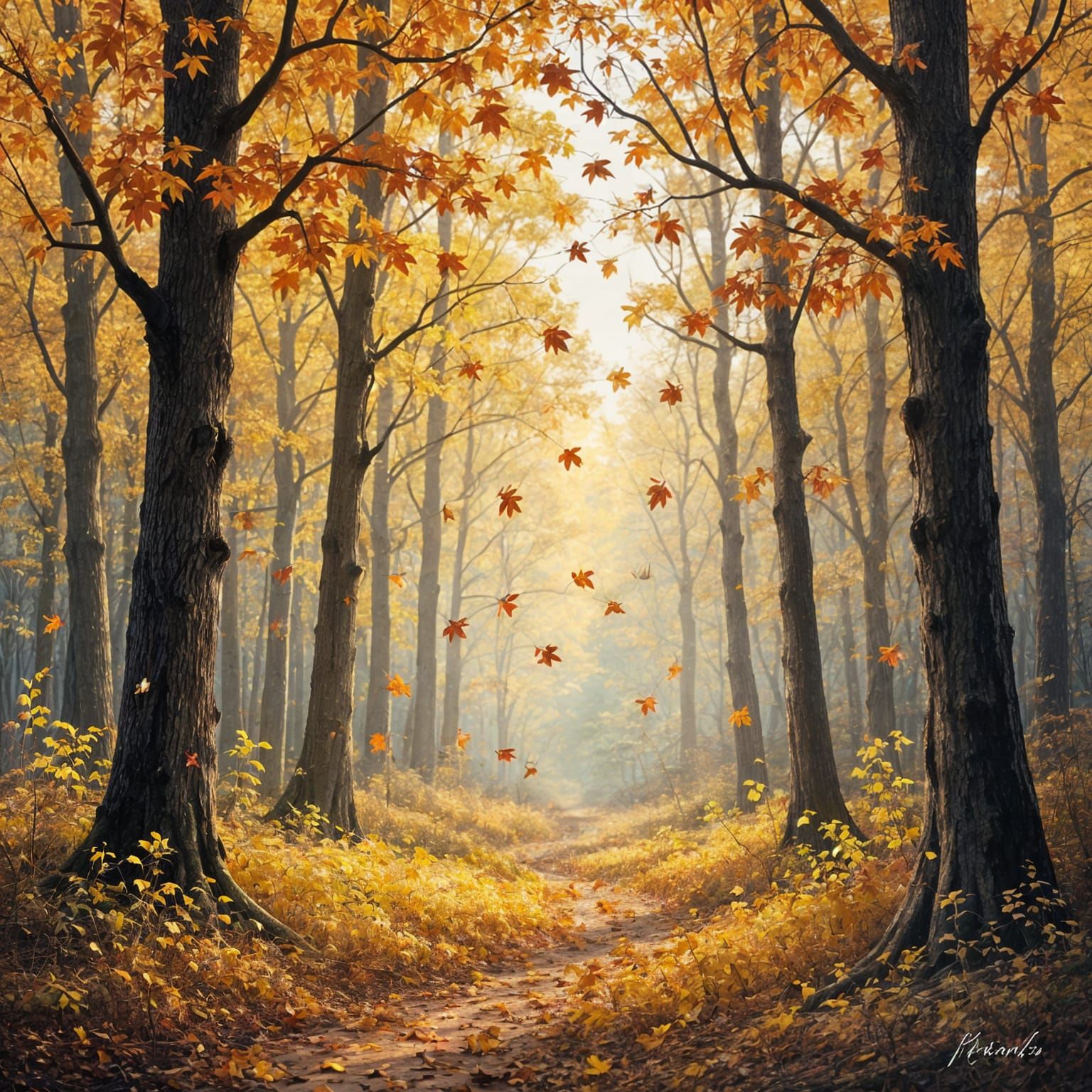 Autumnal Forest Scene with Falling Leaves