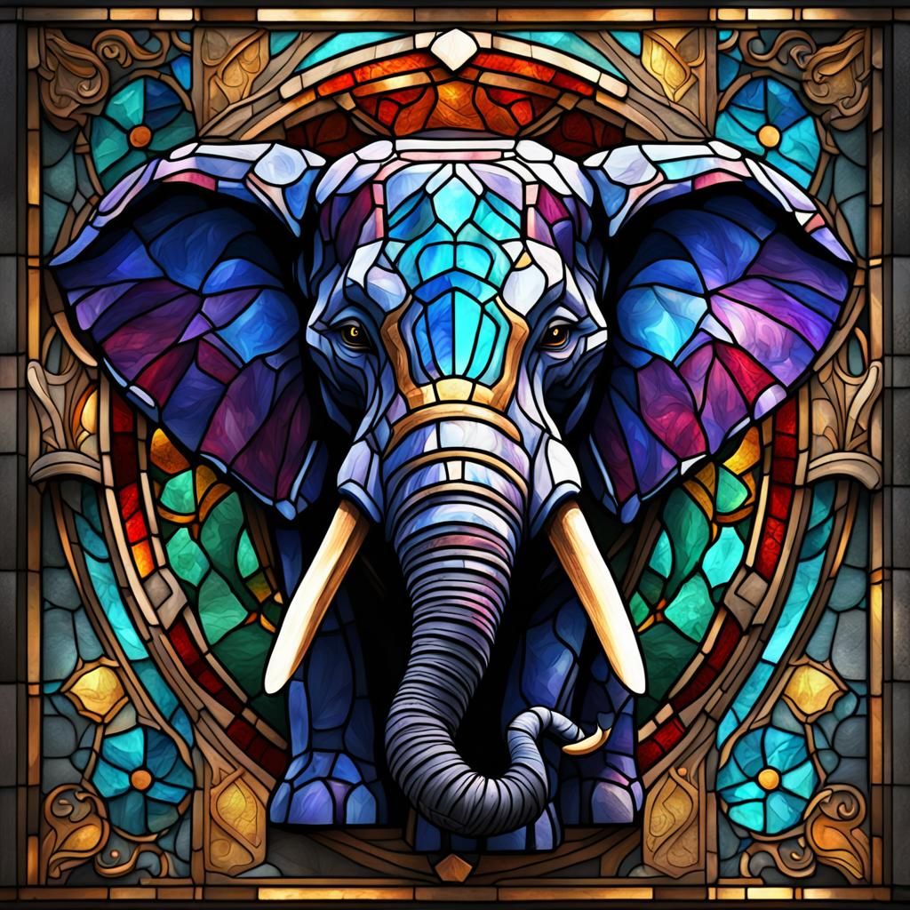 Stained Glass Elephant Head in Detailed Matte Style