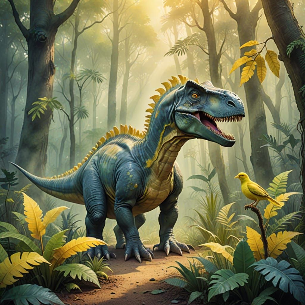 Gentle Dinosaur in Misty Forest with Canary, Watercolor Styl...