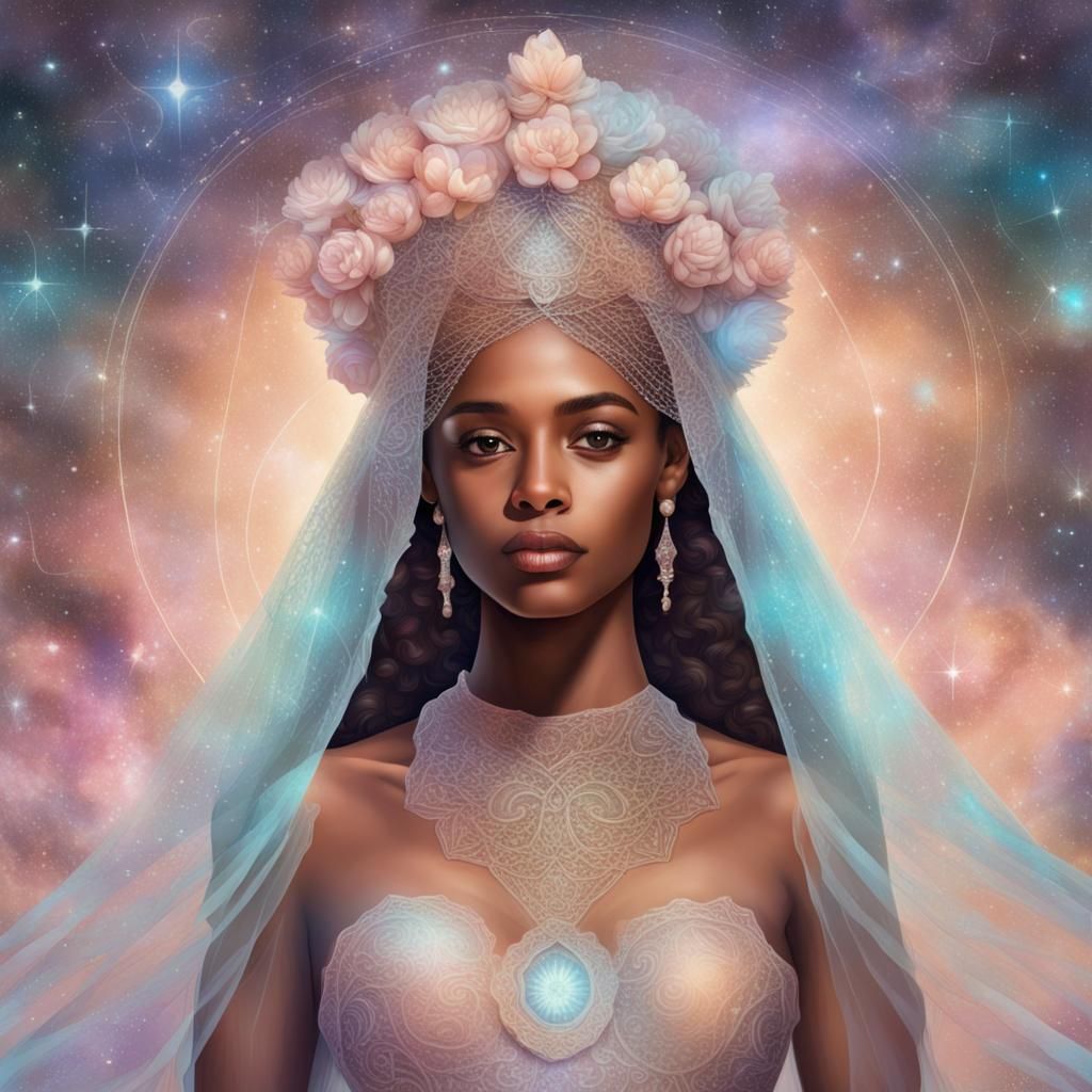 Woman in Pastel Dress with Aquarius Veil