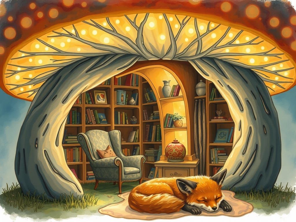 Cozy Mushroom Reading Nook in Watercolor Style