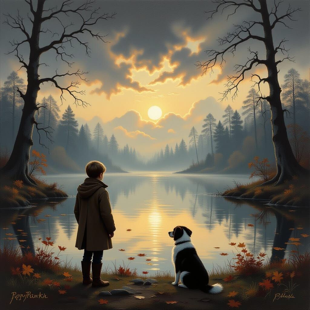 Boy and Dog in German Romantic Landscape